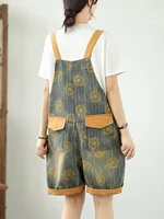 Casual Summer Thin Denim Overalls Women's Loose Large Size Retro Print Color Blo ket Slimming Jeans ort l Waist - Image 3