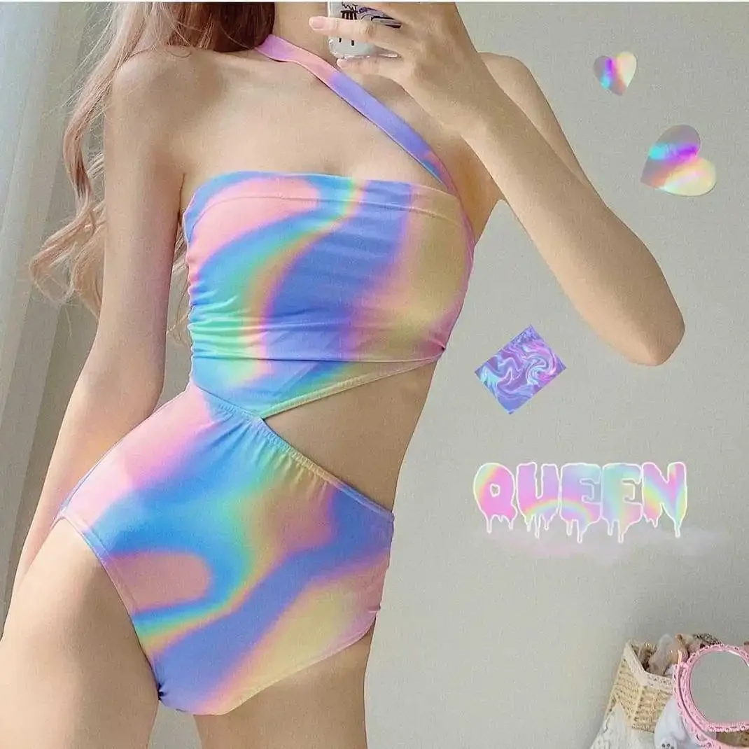 

Push Up Swimwear Gradiant Color Bikinis Cut Out High Waist Bathing Suit Beach Bathers Sexy Bandeau One Piece Swimsuits for Women