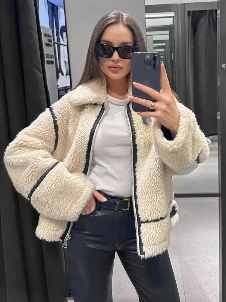 

TRAF Women Faux Fur Warm Jacket Coat Fashion Thick Warm Autumn Jackets Coat Long Sleeve Outwear Female Outerwear Chic Top
