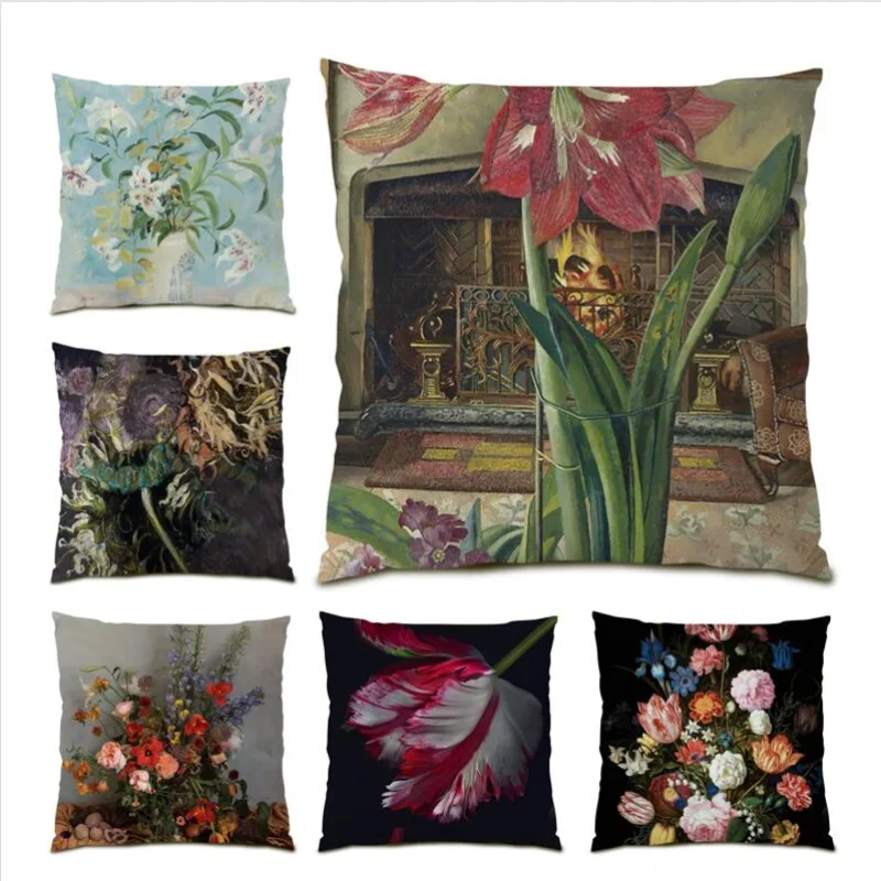 

Home Decor Flowers Living Room Decor Oil Painting Colorful Throw Pillow Covers Polyester Linen Cushion Cover 45x45 Velvet E1081