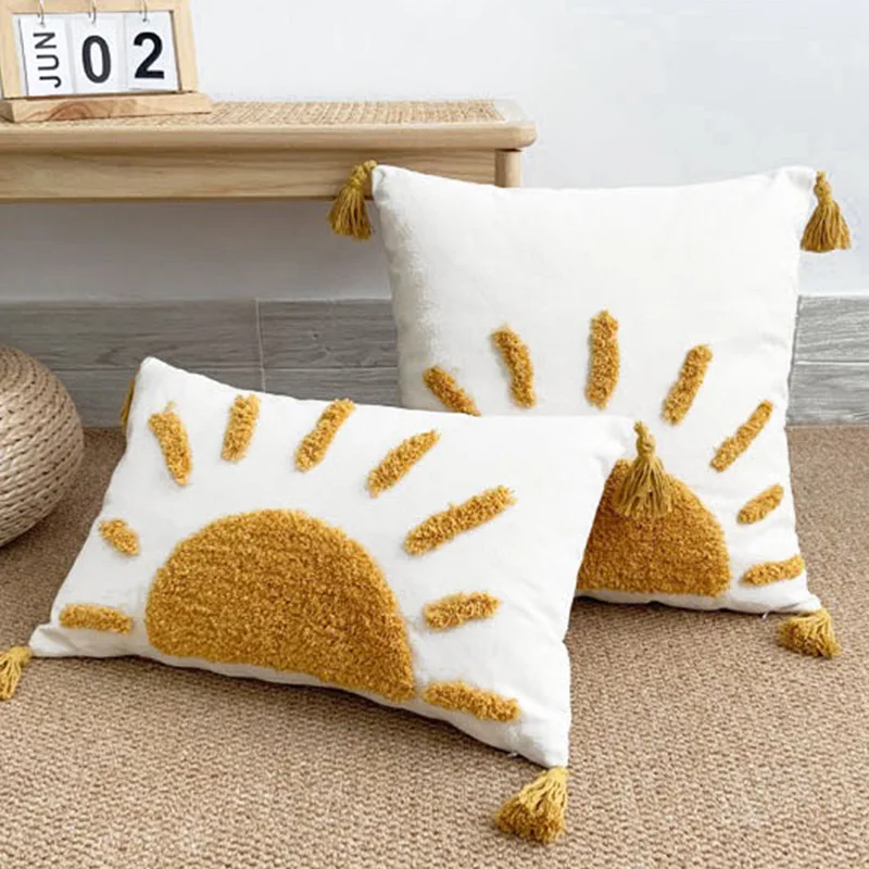 Böhmischer Baumwoll-Segelstoff, gelbes Sonnenmuster, Kissenbezug, Kissenbezug, Tufting-Kissenbezug für Sofas, Heimdekoration, 45 x 45 cm