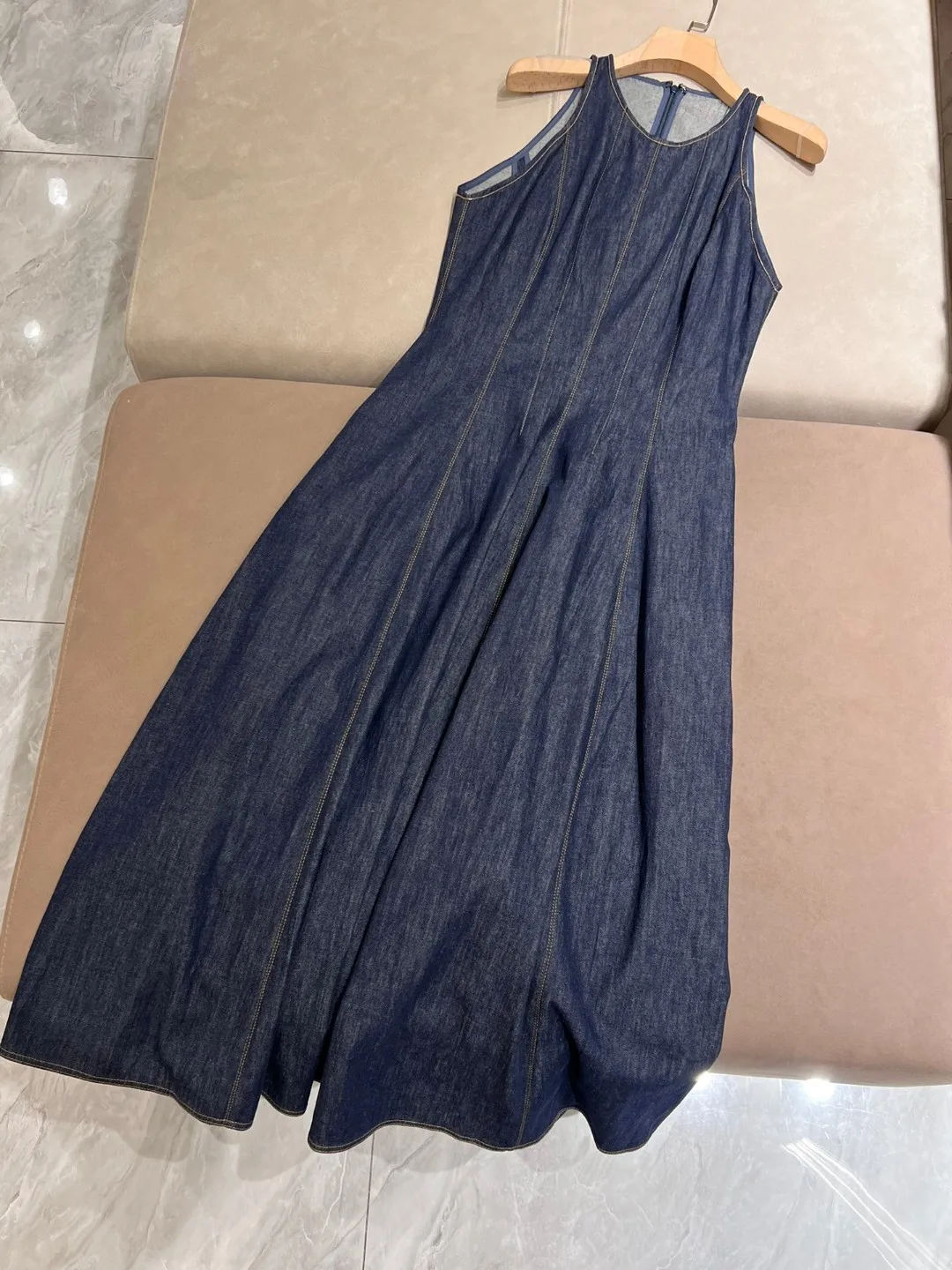 

Summer denim cotton sleeveless round neck long dress