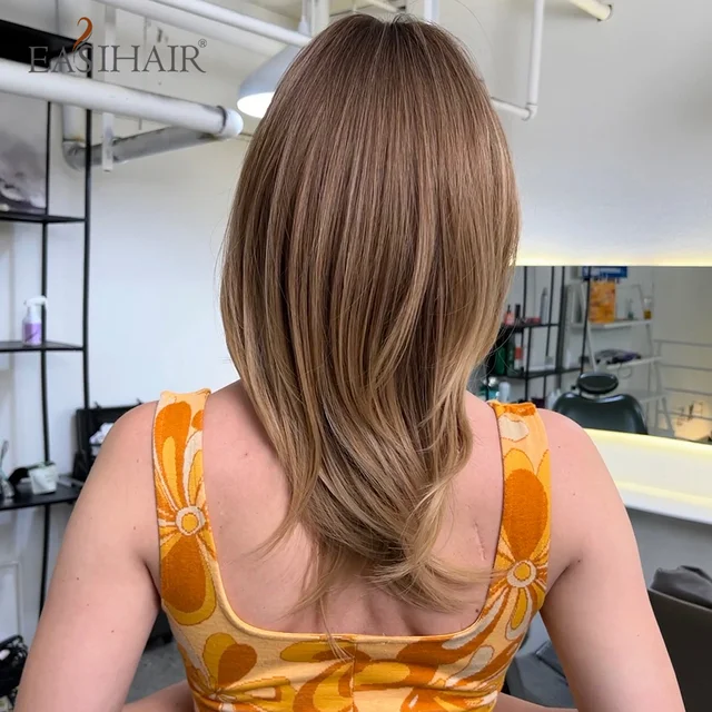 EASIHAIR Brown Layered Medium Length Synthetic Wigs with Long Bangs Natural Short Hair Wig for Women Daily Party Heat Resistant 2