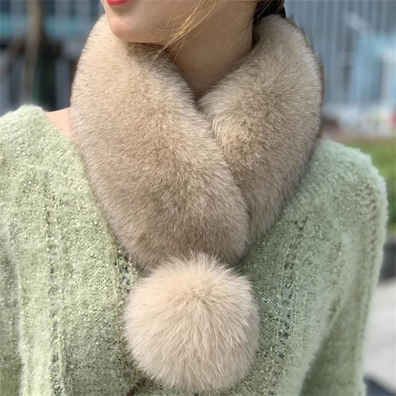 New Women's Warm Fur Scarf Fox Fur Winter Windproof And Cold Proof Scarf Fox Hair Ball Decorated With Fashionable Plush Scarf