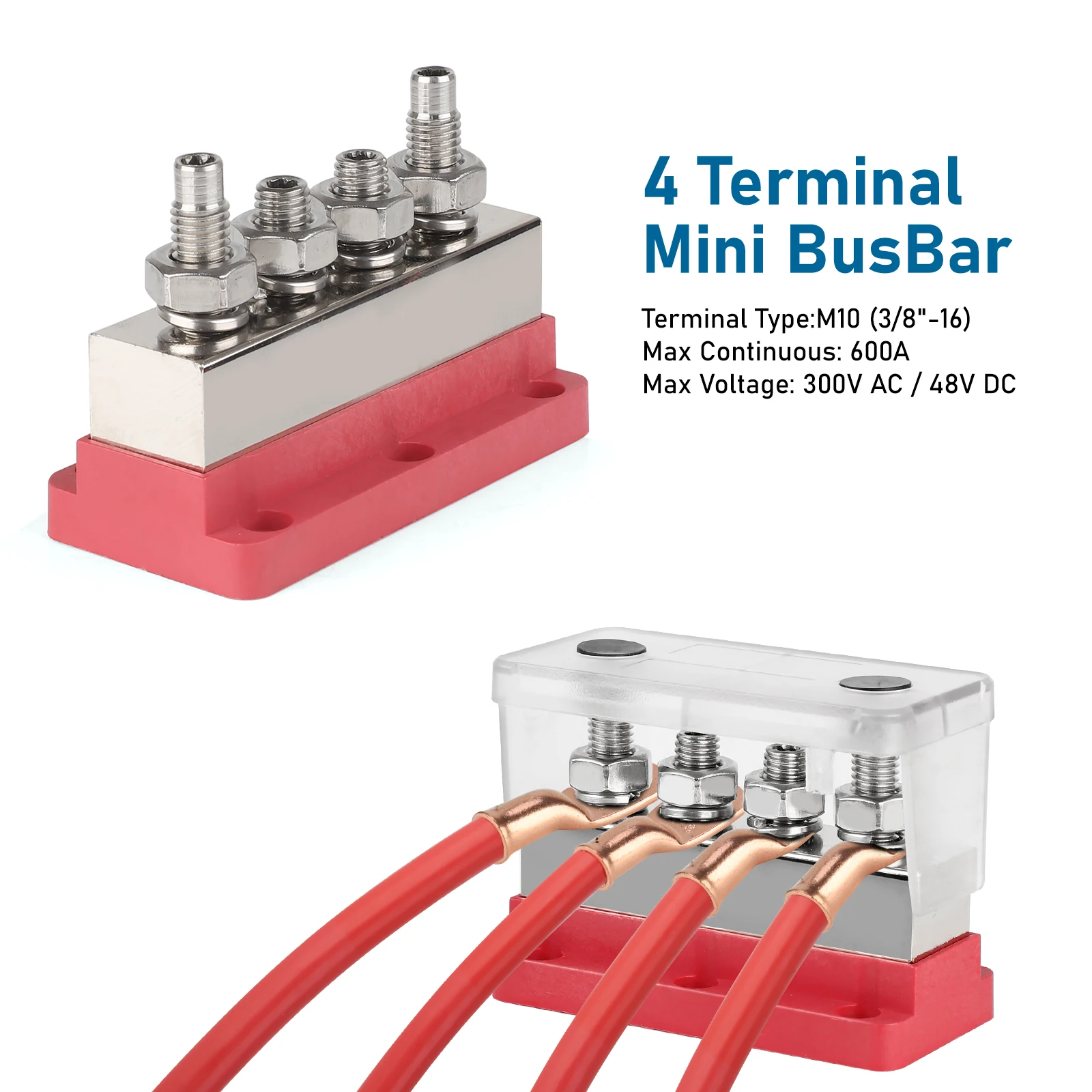 4 x M10 Bolzen (3/8 Zoll) Marine-Batterie-Sammelschiene, robust, 12–48 V, 600 A, wasserdichter Klemmenblock, Schwarz und Rot, für LKW, Marine, Solar – Detail 4
