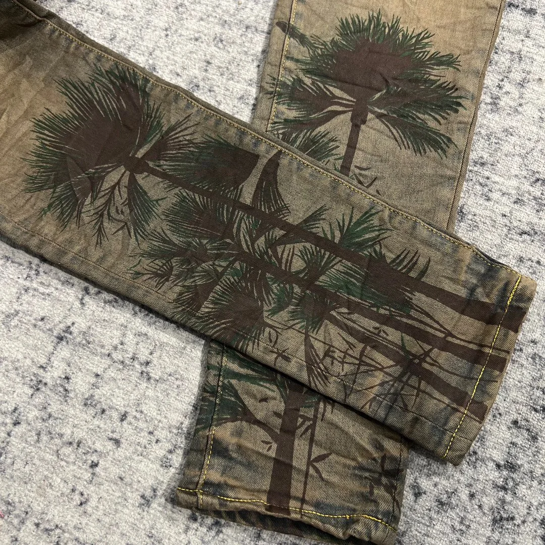 men vintage palm prints yellow fade jeans 6