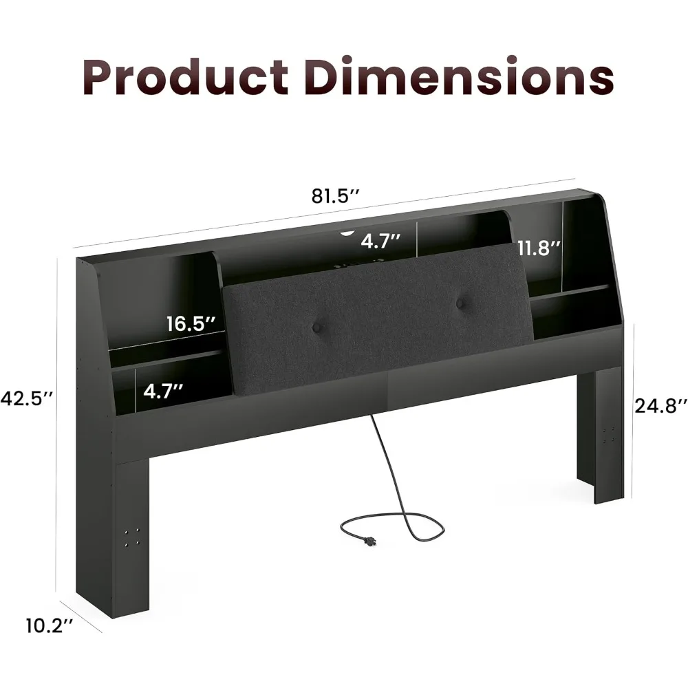 Wood Bookcase Headboard with Charging Station & 2 LED Lights (Black, King-Soft)