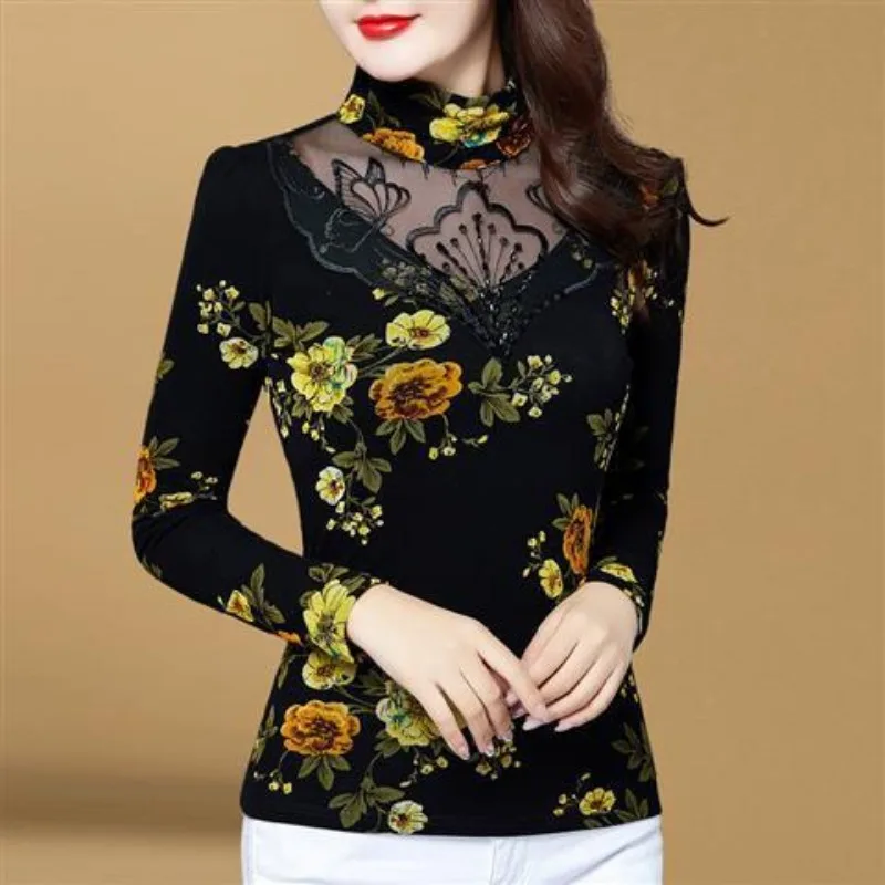 

Autumn and Winter Women's Pullover Turtleneck Lace Hollow Out Printing Underlay Fashion Casual Elegant Commuter Long Sleeve Tops