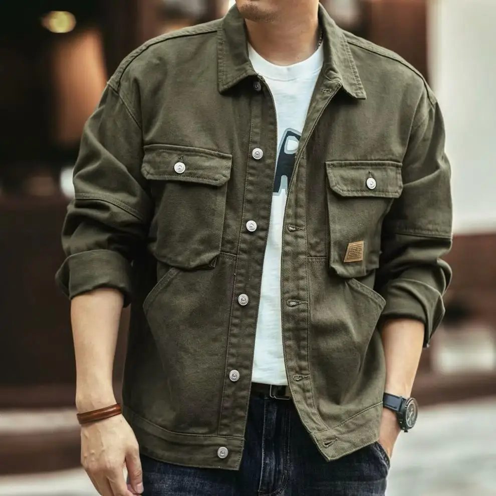Denim Cargo Jacket - Plus Size Men's Oversize Casual Coat With Turn-Down Collar
