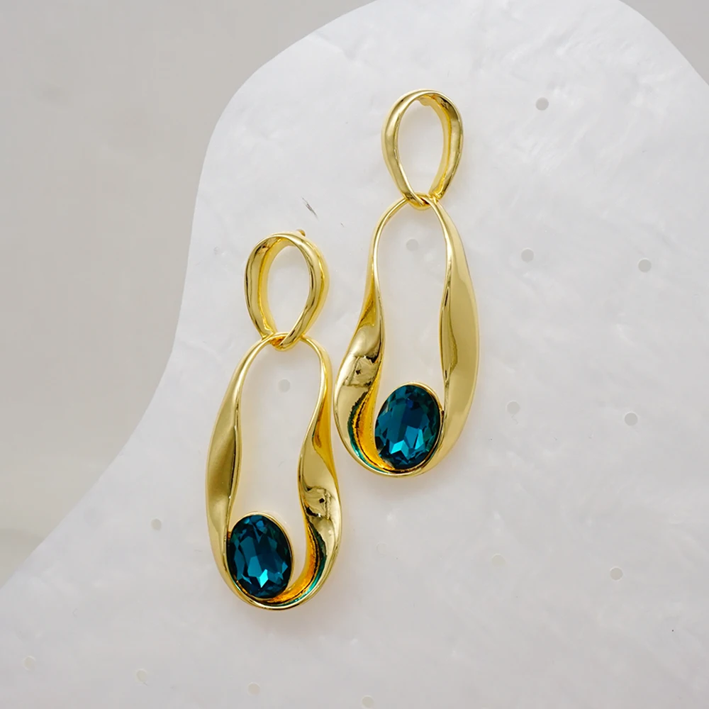 Fashion Jewelry Hanging Long Drop Dangle Earring For Women Personality Blue Rhinestone Crystal Copper Earrings Statement Earring