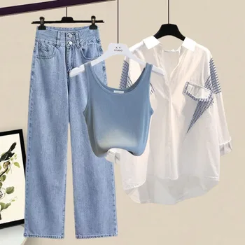 Women's Spring Autumn New Tracksuit Two Piece Korean Elegant Striped Shirt+Vest+Jeans Matching Set Female Chic Denim Pants Suit 1