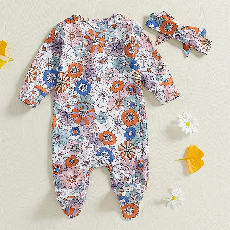 Autumn Newborn Baby Girl Fall Outfits Long Sleeve Floral Print Footie Jumpsuit Headband Set Clothes