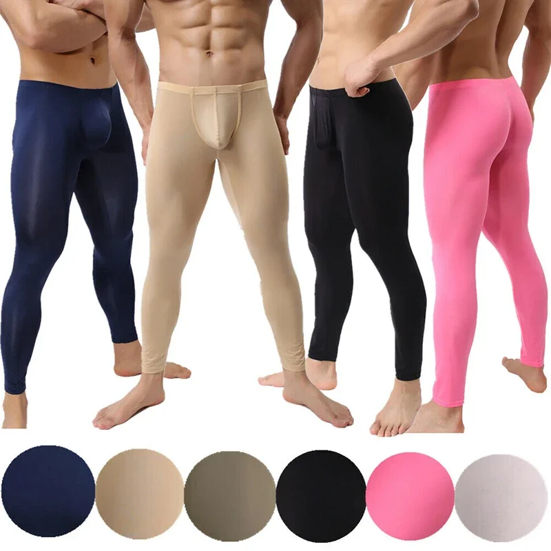 

Ultra-thin Men Leggings Fitness Ice Silk Long Johns Pants Sexy Underwear Penis Pouch Mens Tights Compression Leggings Sleepwear