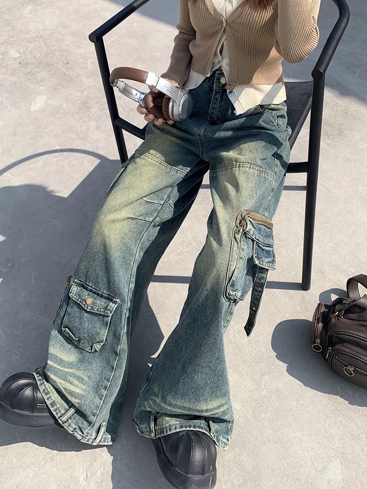 Vintage Harajuku Loose Casual Cargo Jeans for Women Street High Waist Wide Leg Y2K Pockets Denim Pants Girls Trousers Overalls