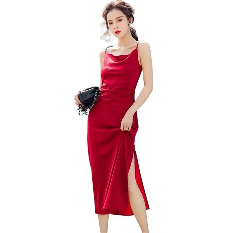

Fashion sexy Ladies split Party Dress Elegant Swinging collar Slim Female Retro Dress Slip Backless Satin Long Dress Vestidos