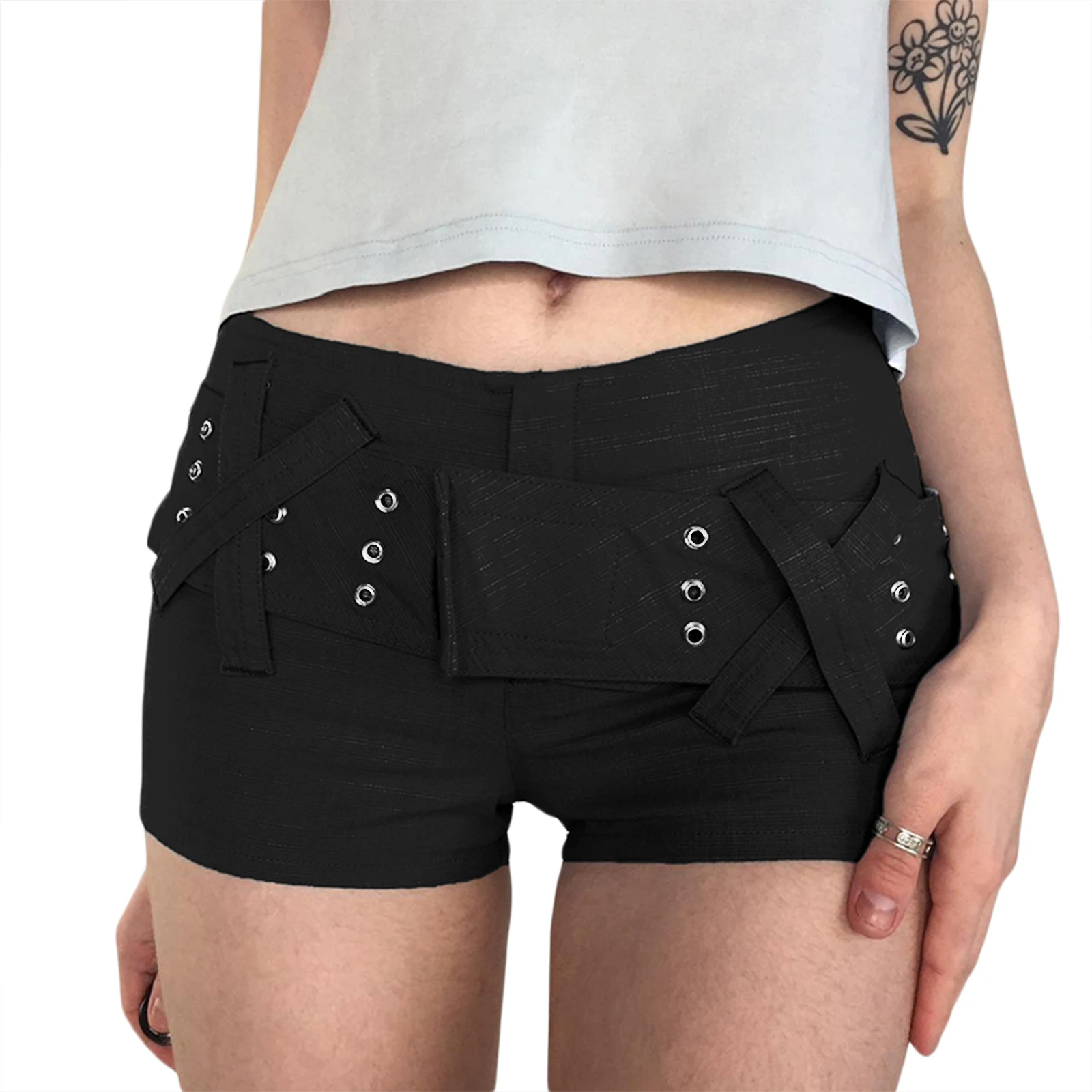 

Women Summer Casual Low Waist Denim Shorts Solid Color Hook and Loop Fasteners Belt Decor Skinny Short Pants Shorts