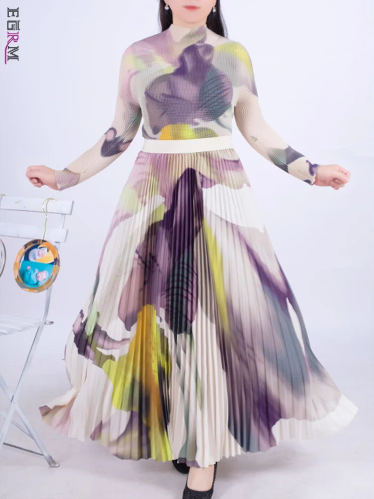 

EGRM 2023 New Pleated Miyake Set Women Print Stand Collar Long Sleeve Top+high Street Skirt Fashion Party 2 Piece Sets 6RM2917