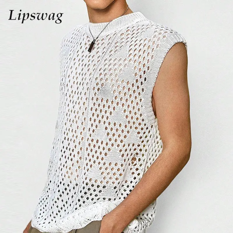 

Майка мужская Просвечивающая с круглым вырезом, пикантный свободный базовый топ без рукавов в стиле хип-хоп, модная однотонная трикотажная кофта