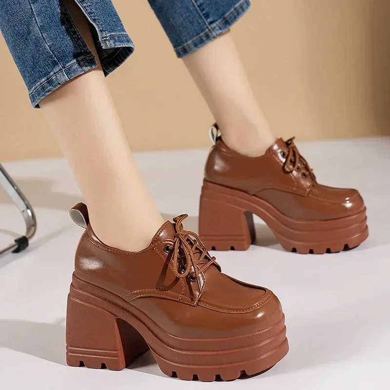 Lolita Shoes for Women 2024 New Autumn Lace Up Loafers Girls Students JK Uniform High Heels Platform Shoes Cosplay Female Shoes