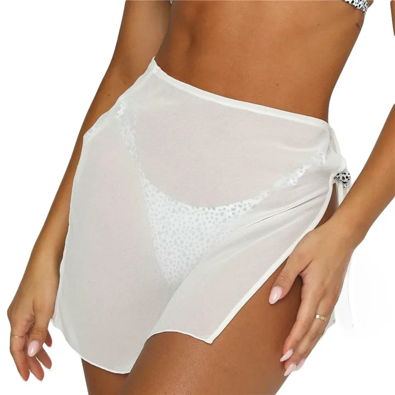 See Through Lace Up Sheer Skirts Swimsuit Cover-Ups Solid Color Beach Skirts For Women Summer High Waist Mini Cover Ups 1