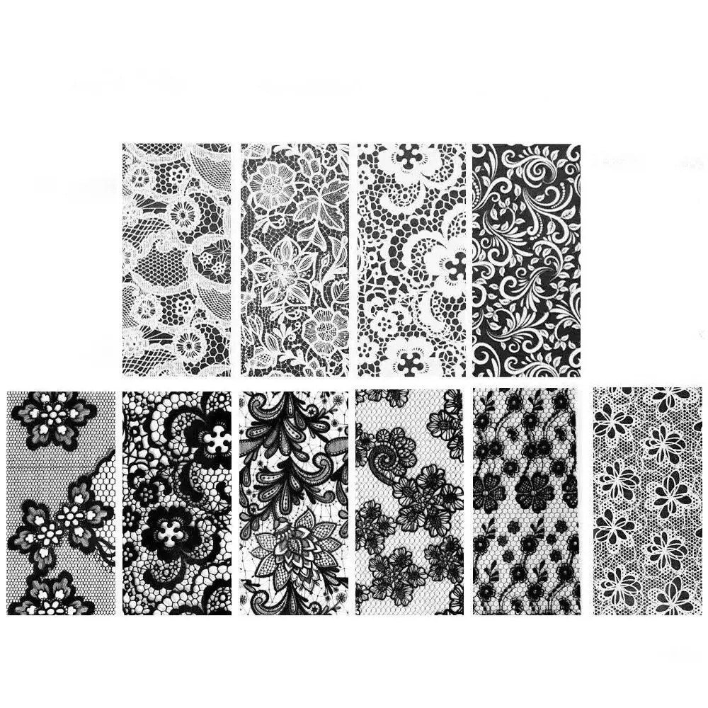 2.5 * 60 cm Black White Nail Stickers Lace Sexy Envelopes Nail Art Transfer Leaf Full Flower Adhesive Transfer Decals