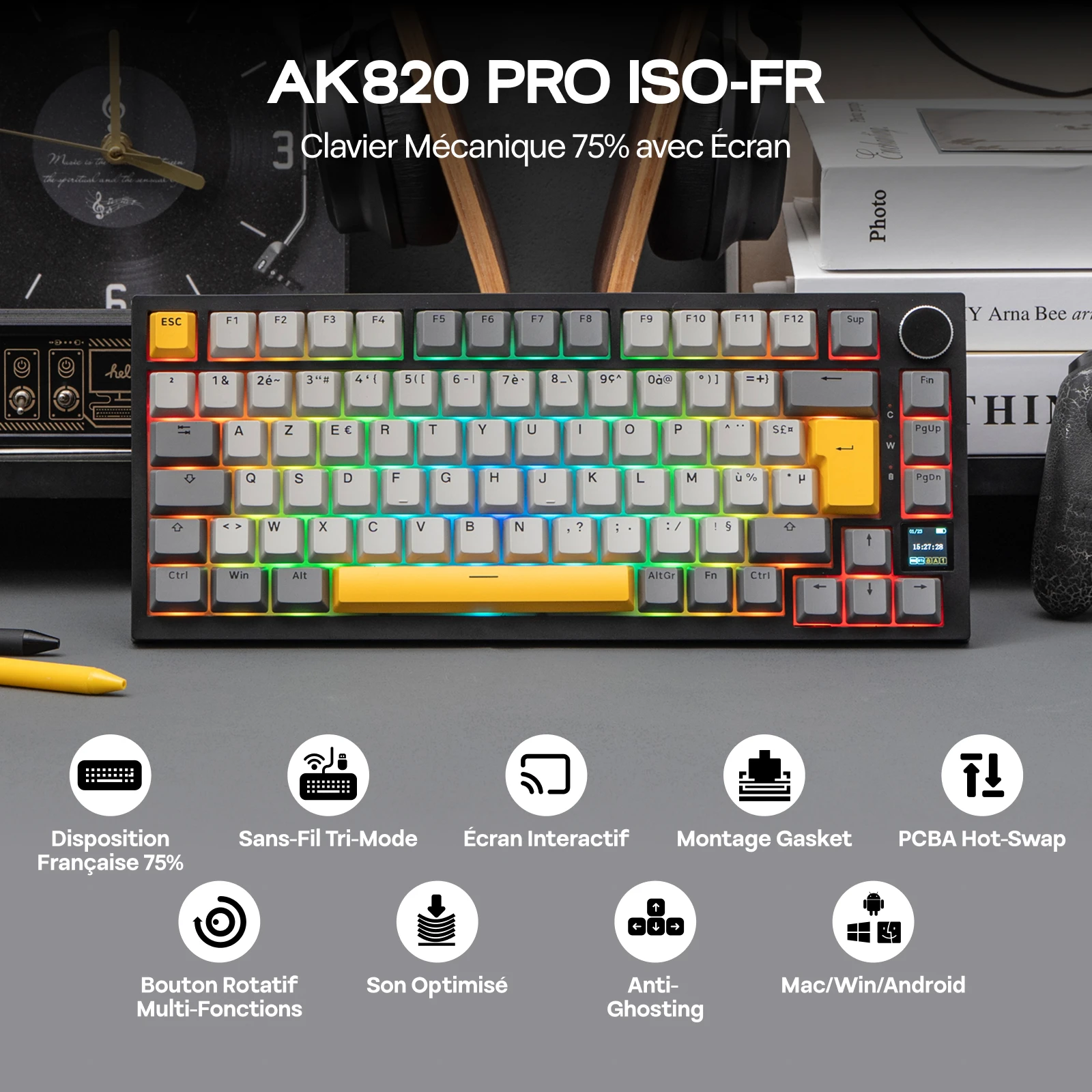 ISO-FR 레이아웃 EPOMAKER X AJAZZ AK820 PRO 75% AZERTY 프랑스어 핫스왑 유선/BT/2.4GHz 무선 기계식 키보드 (윈도우/맥/PC용)