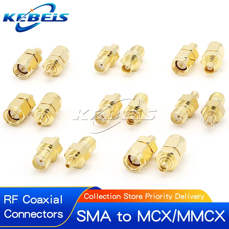 Vue rapprochée des adaptateurs SMA MMCX MCX, accessoires essentiels pour montage FPV.