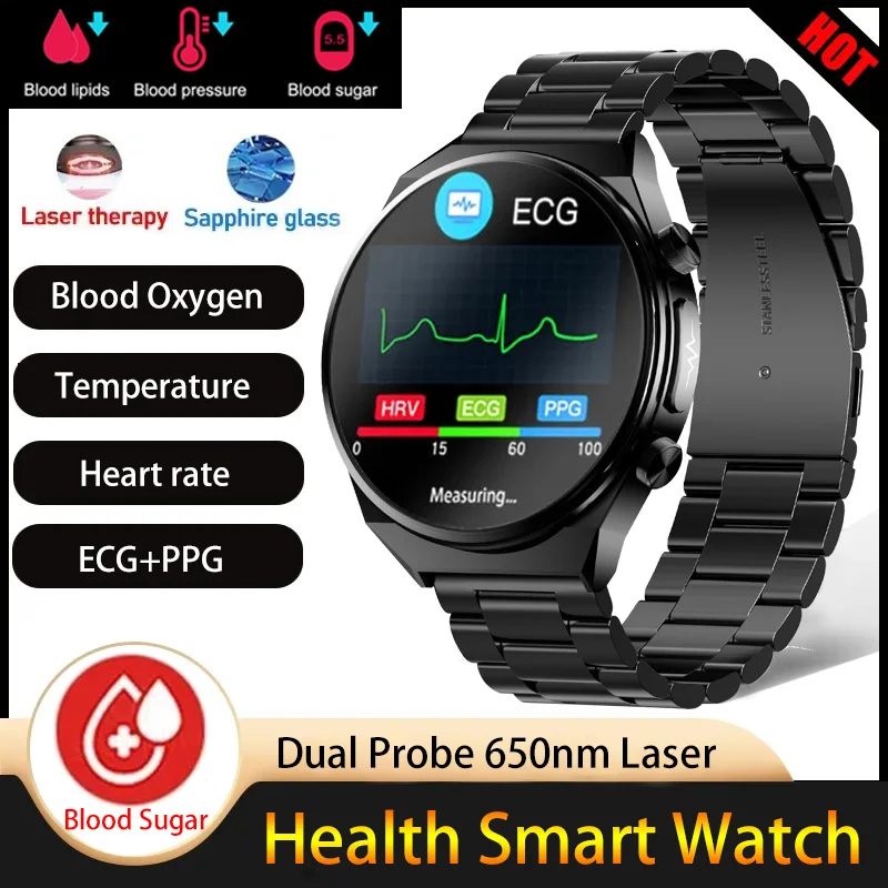 2023 Sapphire Ag Glass Ecg + Ppg Smartwatch Men Blood Sugar Blood Oxygen Temperature Health Monitoring Laser Therapy Smart Watch