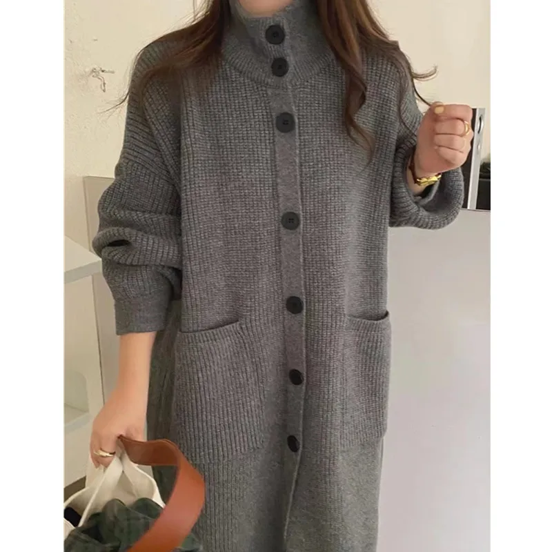 High Neck Sweater Women's Single Breasted Solid Color Long Sleeved Knitted Cardigan Mid Length Jacket Women's Spring and Autumn