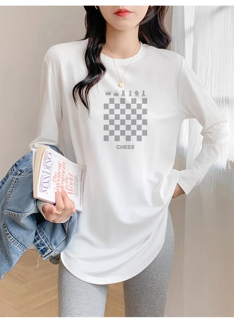 

Long-sleeved tops for women 2023 new spring and autumn smoke gray mid-length bottoming shirts loose and western style large size