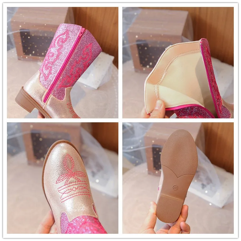Girls Cowboy Mid Calf Boots with Glitter Sequins for Autumn Winter