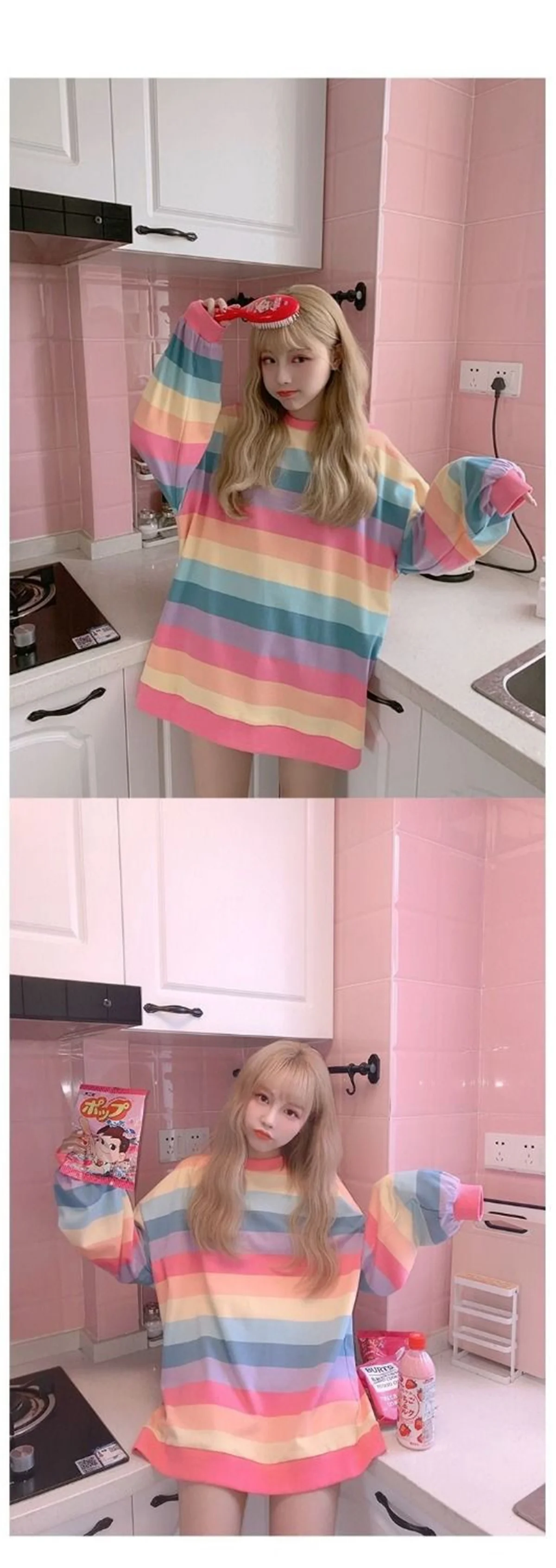 Rosa Regenbogen Gestreiften Übergroßen T Shirts Für Frauen Kawaii Sommer Lange Hülse O-ansatz Hemd Koreanische Damen Fleece Sweetops T-shirt – Detail 7