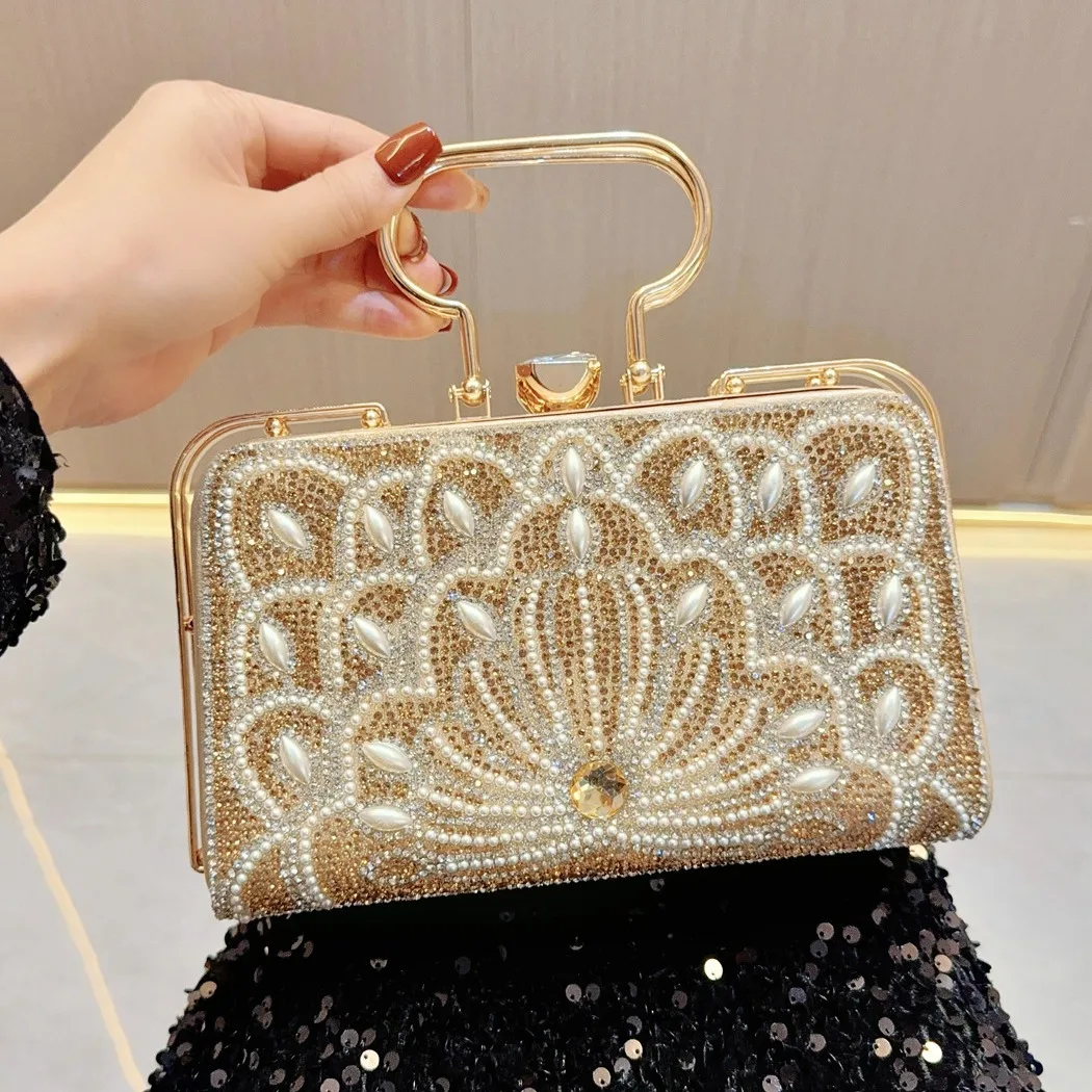 

Handle Crystal Evening Bags Women Boutique Pearl Rhinestone Floral Pattern Box Minaudiere Clutch Purses Bridal Wedding Party