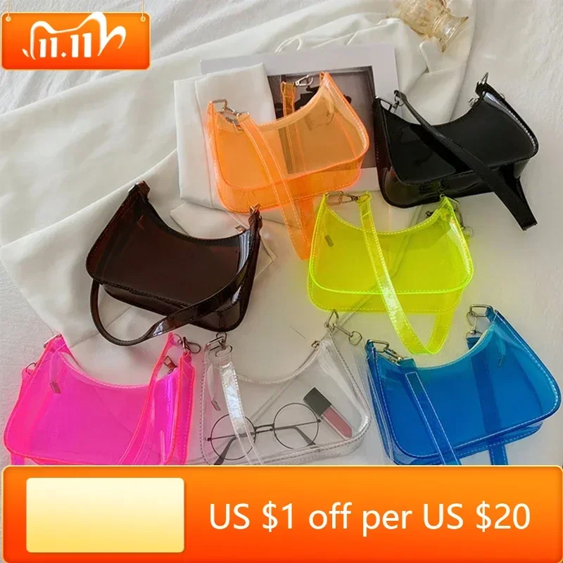 

Fashion Vintage Ladies Jelly Solid Color Clear Underarm Bag Casual Women Hobos Handbags Purse Fashion Cell Phone Shoulder Bag