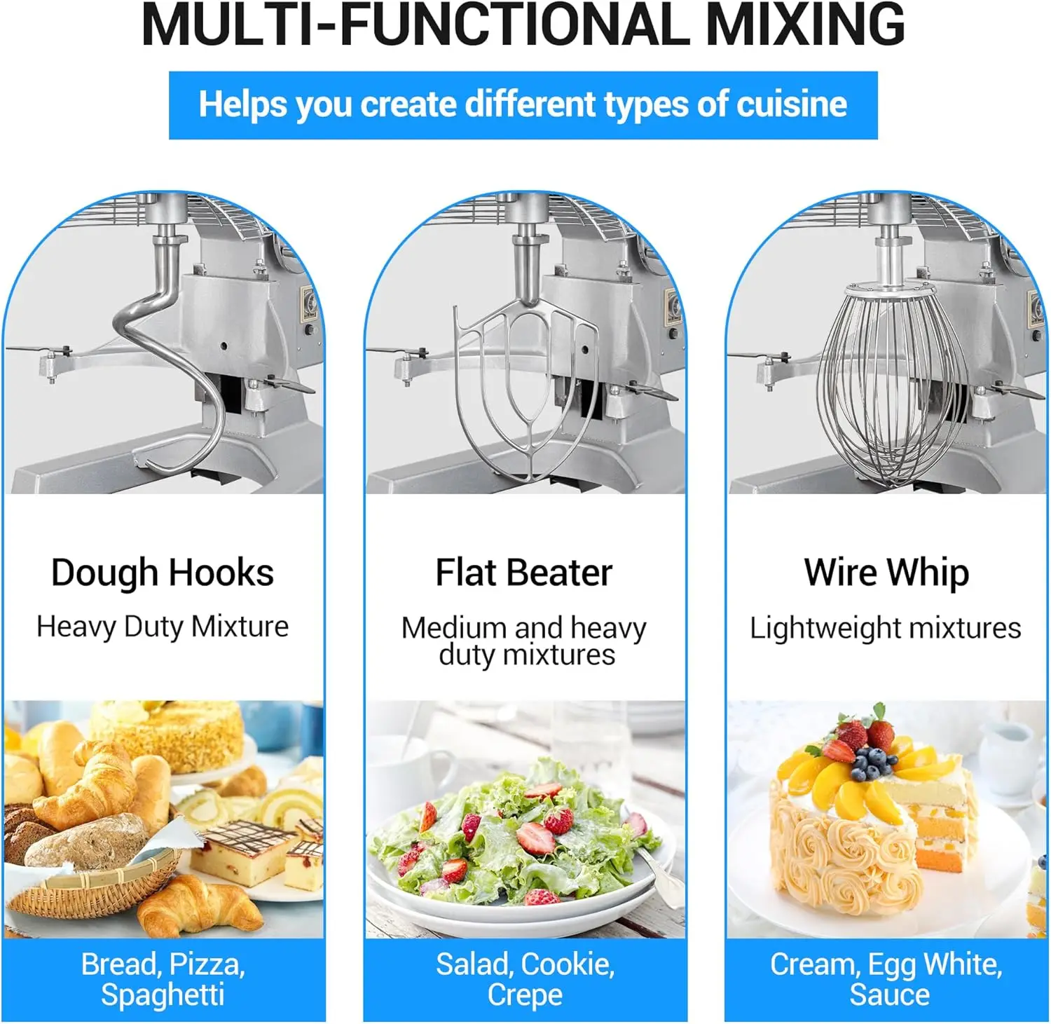 1250W Commercial Food Mixer, Commercial mixer 3-Speed Adjustable Heavy Duty Stand Mixer with Stainless Steel Bowl for Bakery Piz 4