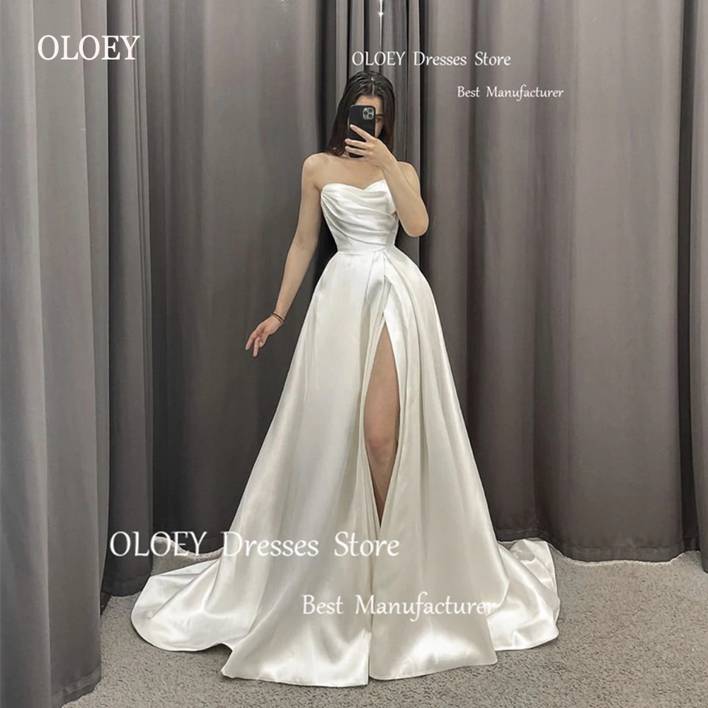 

OLOEY Simple A Line Wedding Dresses Silk Satin Sweetheart Pleats Split Sweep Train Bridal Gowns Custom Made Vestido de noiva