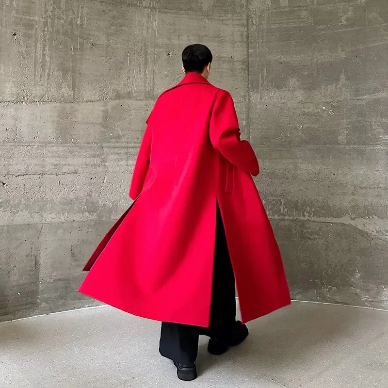 Good Quality Autumn Winter Fashion Red Turn Down Collar Woolen Trench Coat Men Vintage Thicken Warm Long Jacket Overcoat