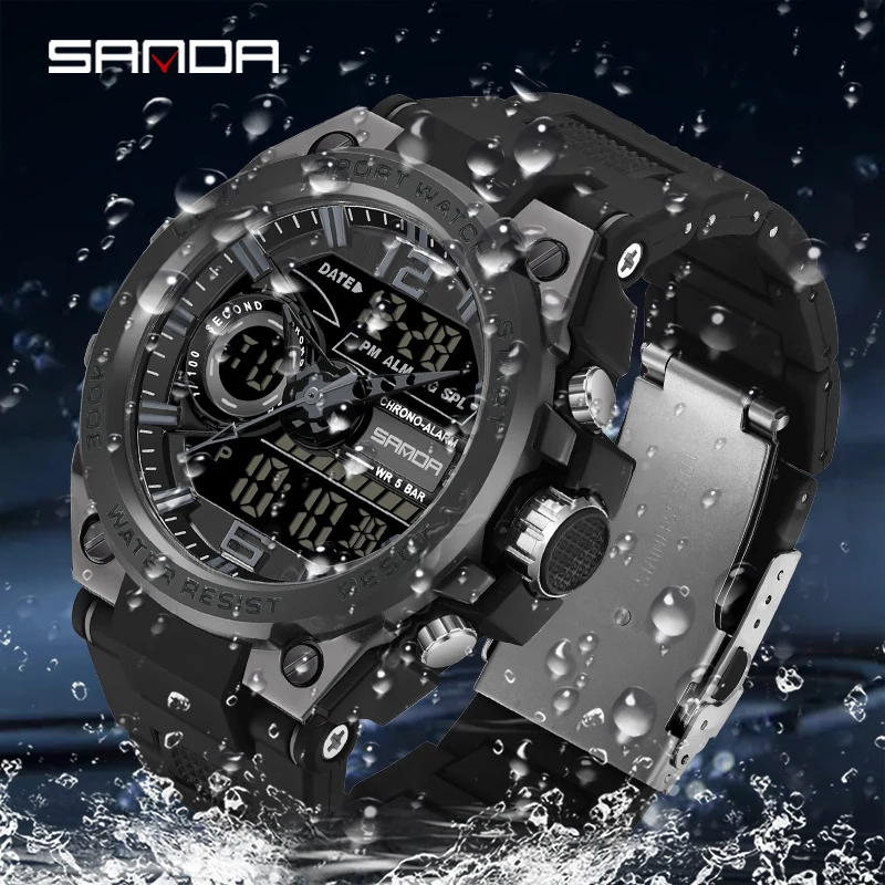 SANDA Trendy Men Multifunctional Dual Display Watch HD LED Digital 50M Waterproof Military Watches Alarm Clock Timing Reloj 9010