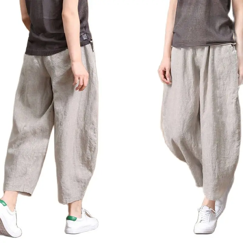 

Cotton Women Pants Summer Nine Cent Large Size Anti Cotton Hemp Elastic Waist Wide Leg Pants Female Casual Pants Trousers P3 221