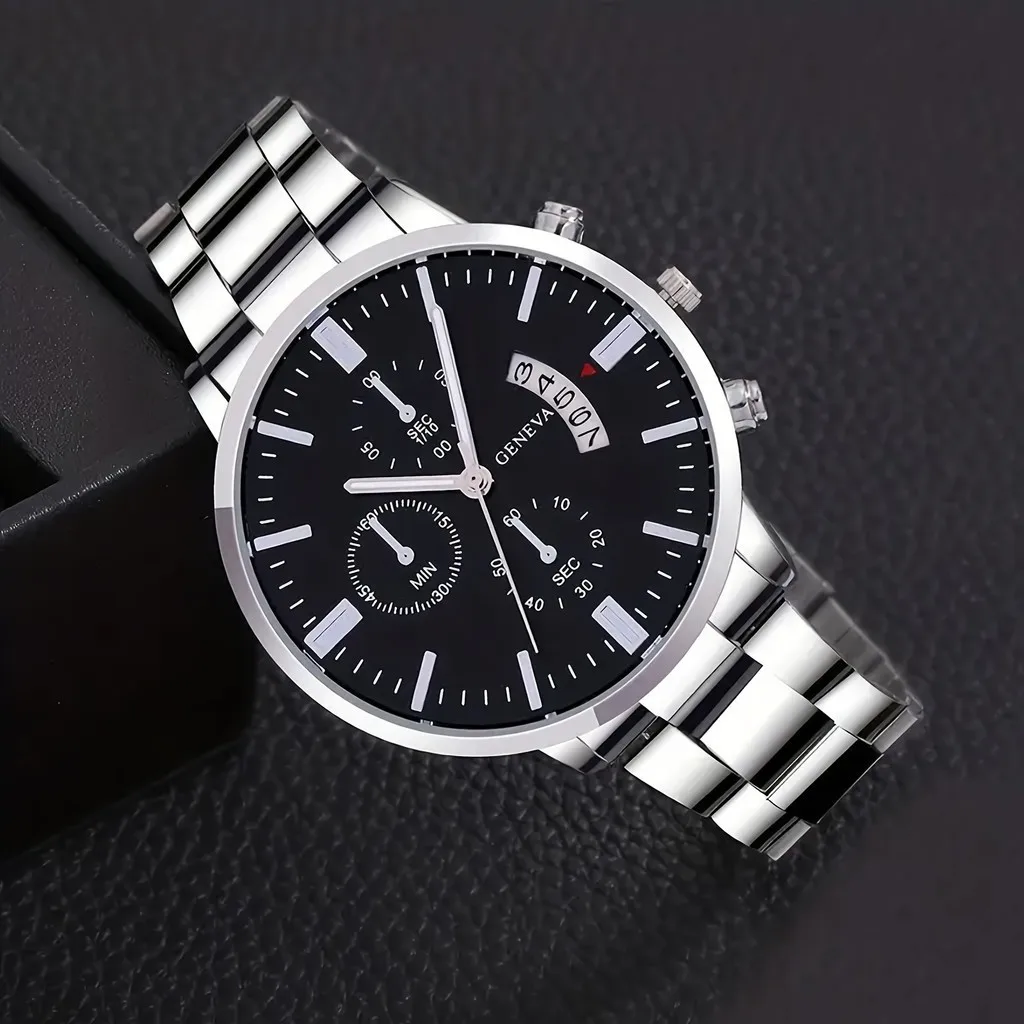 Kegllect 3PCS Men Quartz Watch Business Fashion Mental Wrist  Stainless Steel Strap and Necklace Bangle Set Ideal for Boys 6
