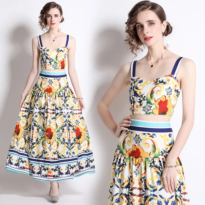 

2023 European and American Style Retro Printed Sexy Small Sling High Waist Dress Two-Piece Suit