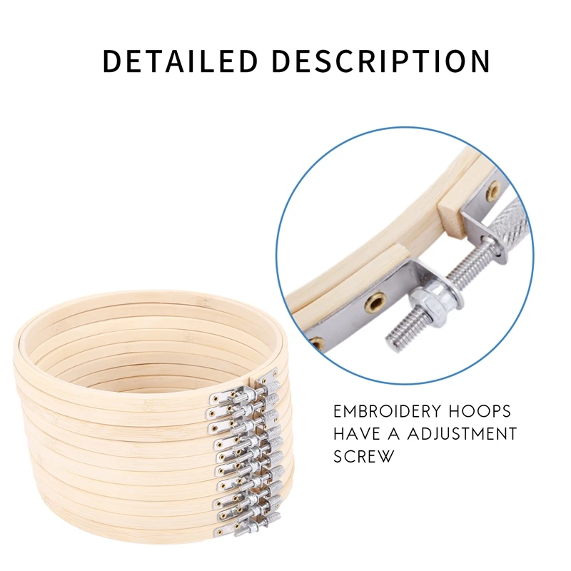 AAAC-10 Pieces 6.7Inch 17Cm Round Wooden Embroidery Hoops Set Bulk Adjustable Bamboo Circle Cross Stitch Hoop Ring