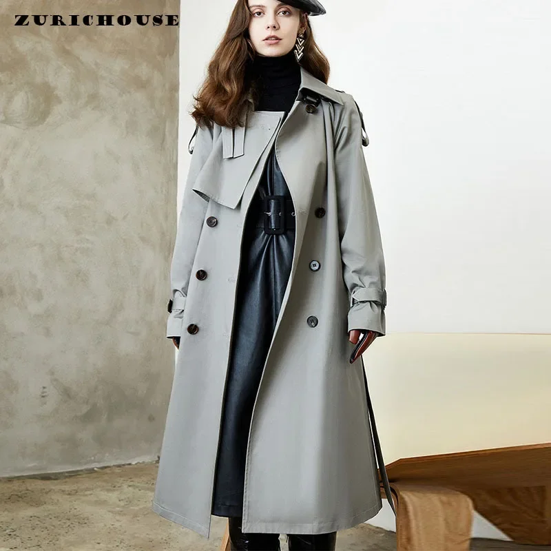 

Vintage Classic Lace-up Long Trench Coat for Women 2024 New British Style High-end Slim Double Breasted Female Windbreaker