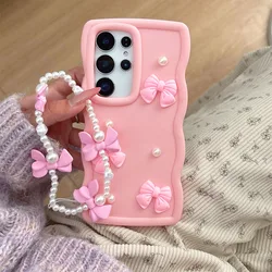 Pearl Bowknot Chain Rope Soft Candy Wave Phone Case for Oppo A56 5G (Pink)