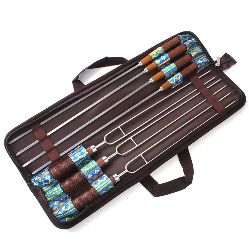 

7Pcs/Set Stainless Steel Barbecue Skewers Outdoor Portable BBQ Needle/Sticks Fork Set Wooden Handle Picnic Tools