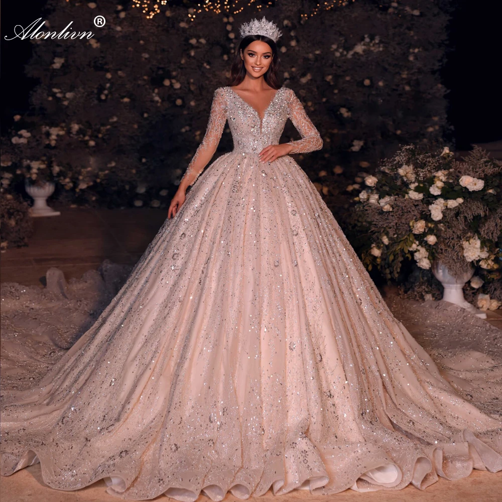 

Alonlivn Exquisite Bling Embroidery Lace Wedding Dresses Full Sleeves Beading Crystals Sequined V-Neck Vestido De Noiva