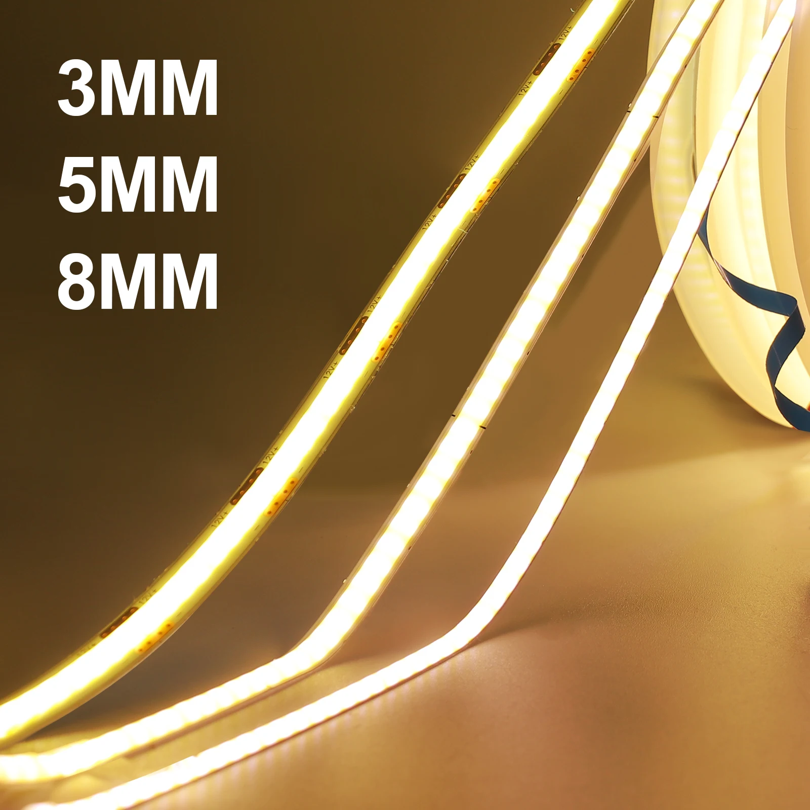Dimmable FCOB LED Light Strips with High CRI and Adhesive Backing - Cold, Natural, and Warm White Options
