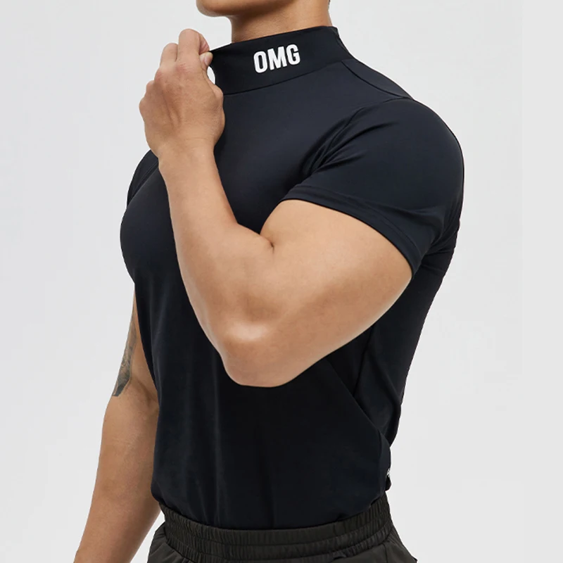 

Summer men sports fitness top Short sleeve plus size zipper neck t shirt streetwear