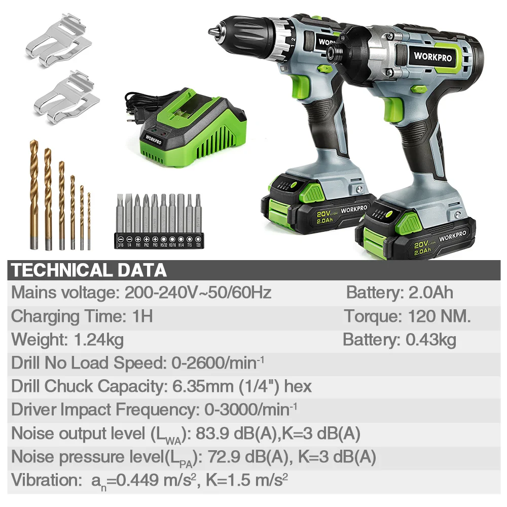 WORKPRO 20V 무선 드릴 콤보 키트, 드릴 드라이버 및 임팩트 드라이버, 2x 2.0Ah 배터리 및 1 시간 고속 충전기 포함