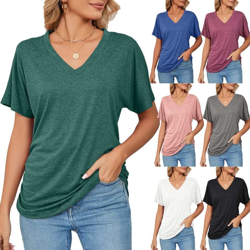 Women Short Sleeve V Neck Shirt Summer Ruched Loose Tops Casual Solid Colors Women's Blouses